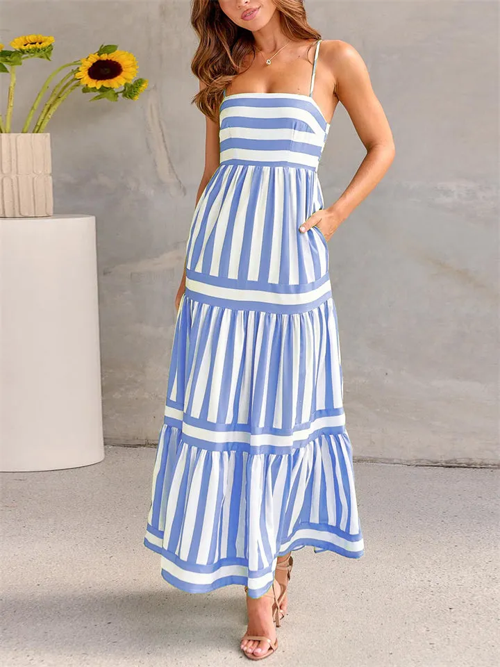 Ladies Casual Striped Backless Slip Dress with Pockets