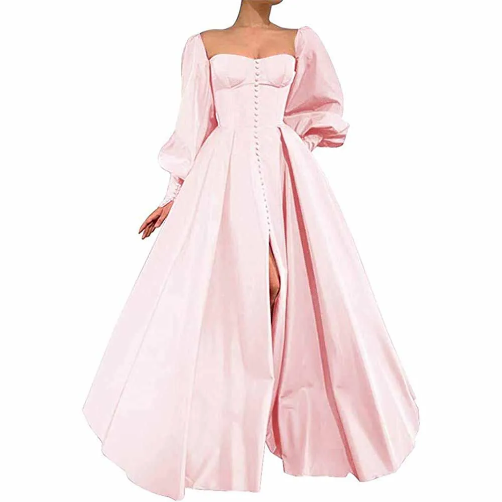 Long Puffy Sleeve Prom Dresses Ball Gown Satin Wedding Party Dress