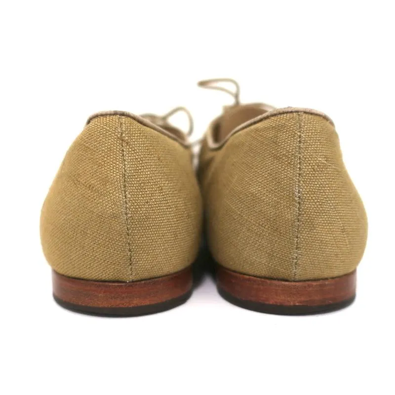 Manolo Blahnik Oxfords Sage Raw Silk Size 38.5 Lace-Up Flats