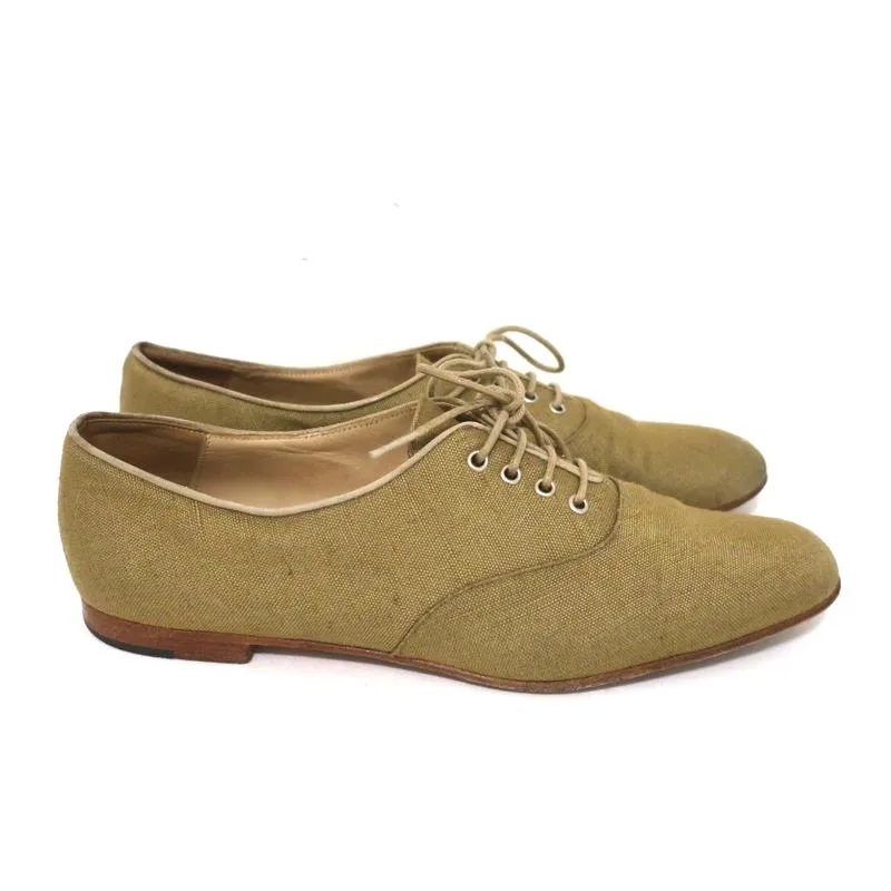 Manolo Blahnik Oxfords Sage Raw Silk Size 38.5 Lace-Up Flats
