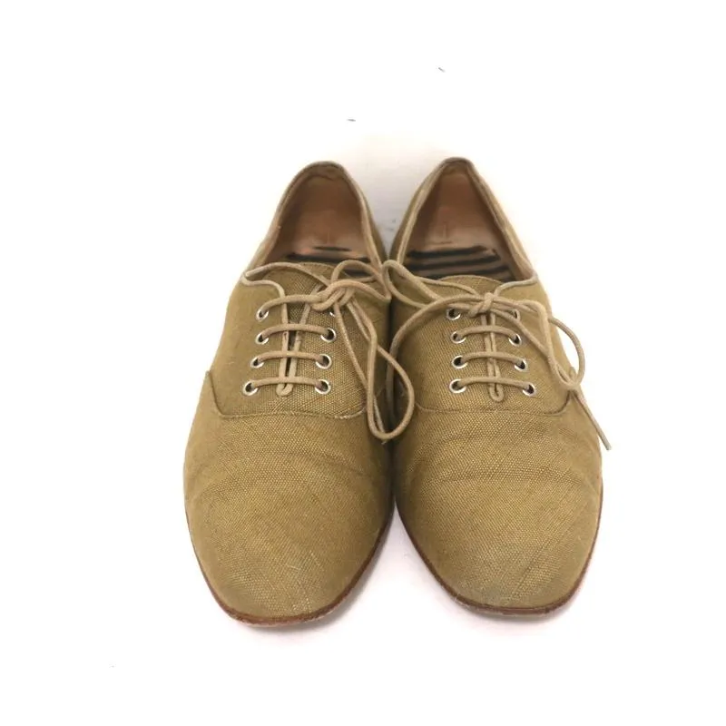Manolo Blahnik Oxfords Sage Raw Silk Size 38.5 Lace-Up Flats
