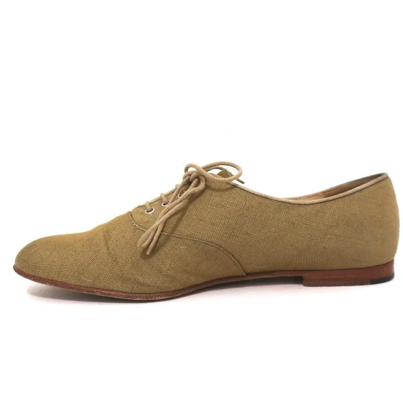 Manolo Blahnik Oxfords Sage Raw Silk Size 38.5 Lace-Up Flats