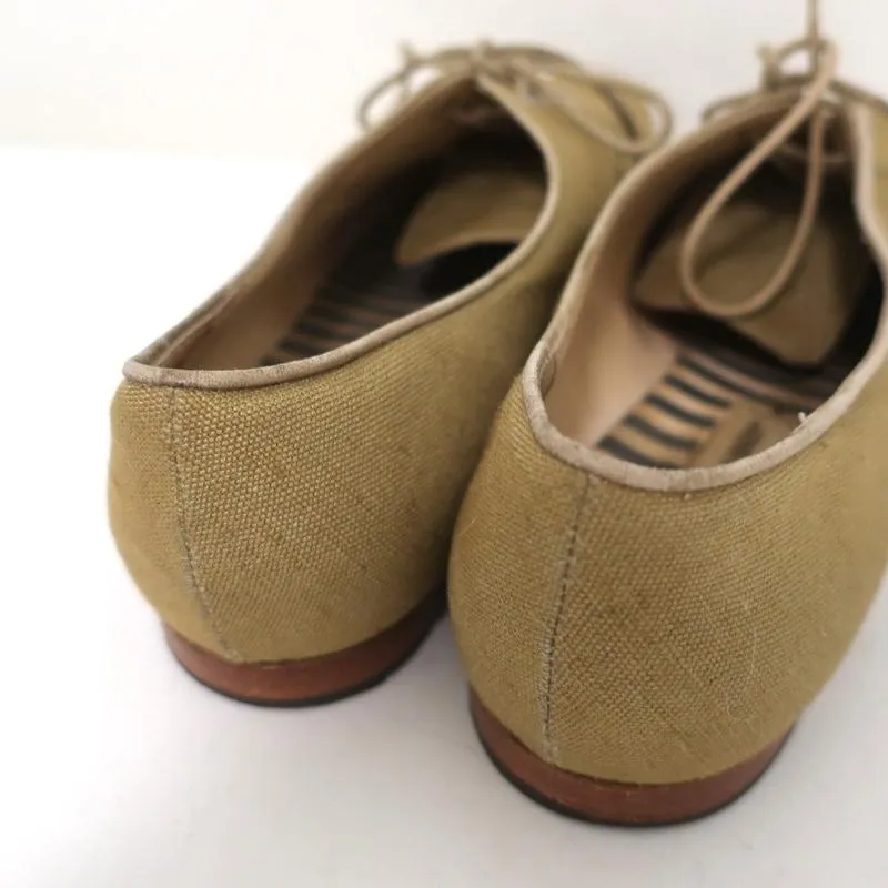 Manolo Blahnik Oxfords Sage Raw Silk Size 38.5 Lace-Up Flats