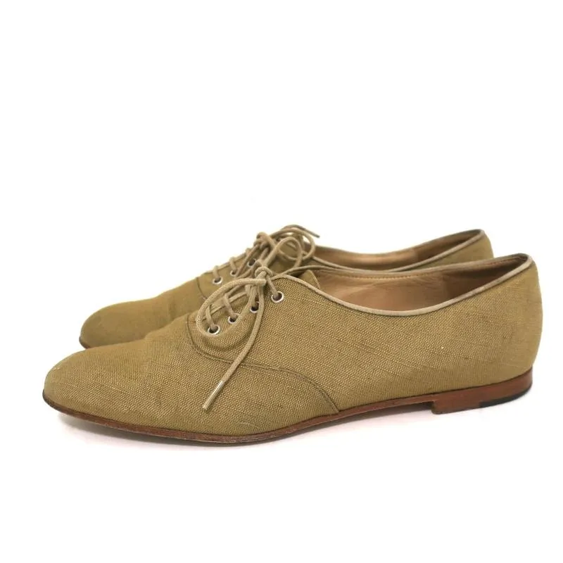 Manolo Blahnik Oxfords Sage Raw Silk Size 38.5 Lace-Up Flats
