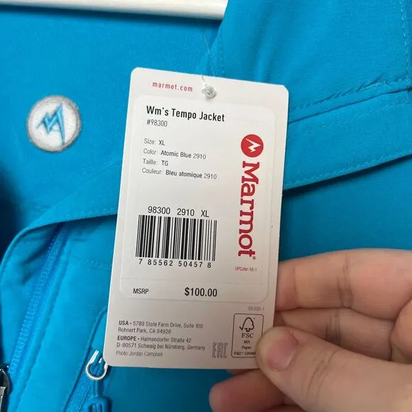Marmot Women's Tempo Jacket Atomic Blue Softshell Water-Repellent Breathable‎ XL