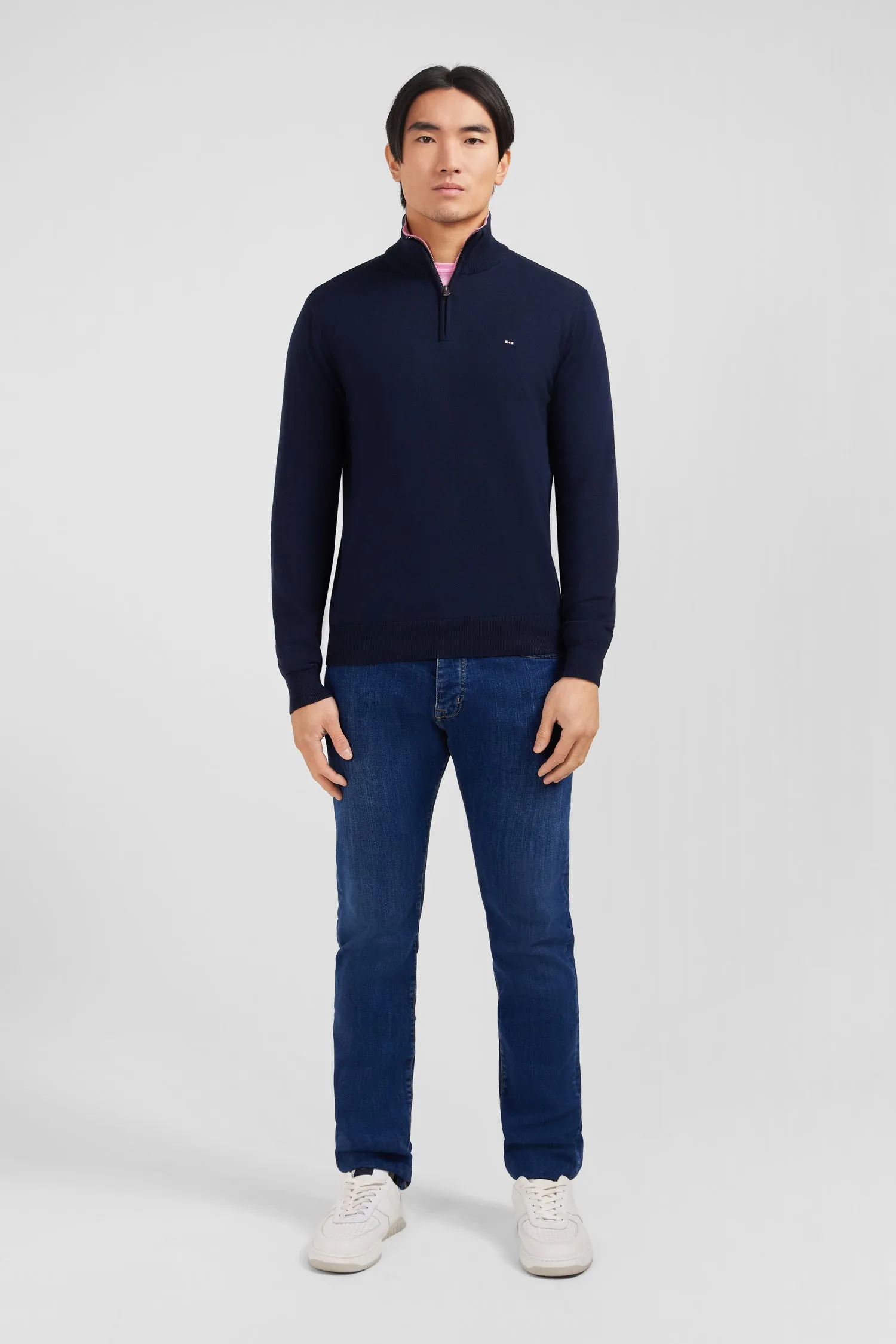 Navy blue cotton jersey jumper with trucker neck