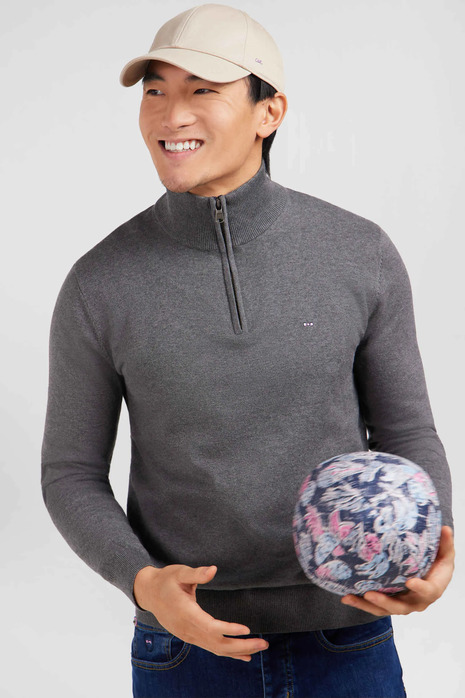 Navy blue cotton jersey jumper with trucker neck