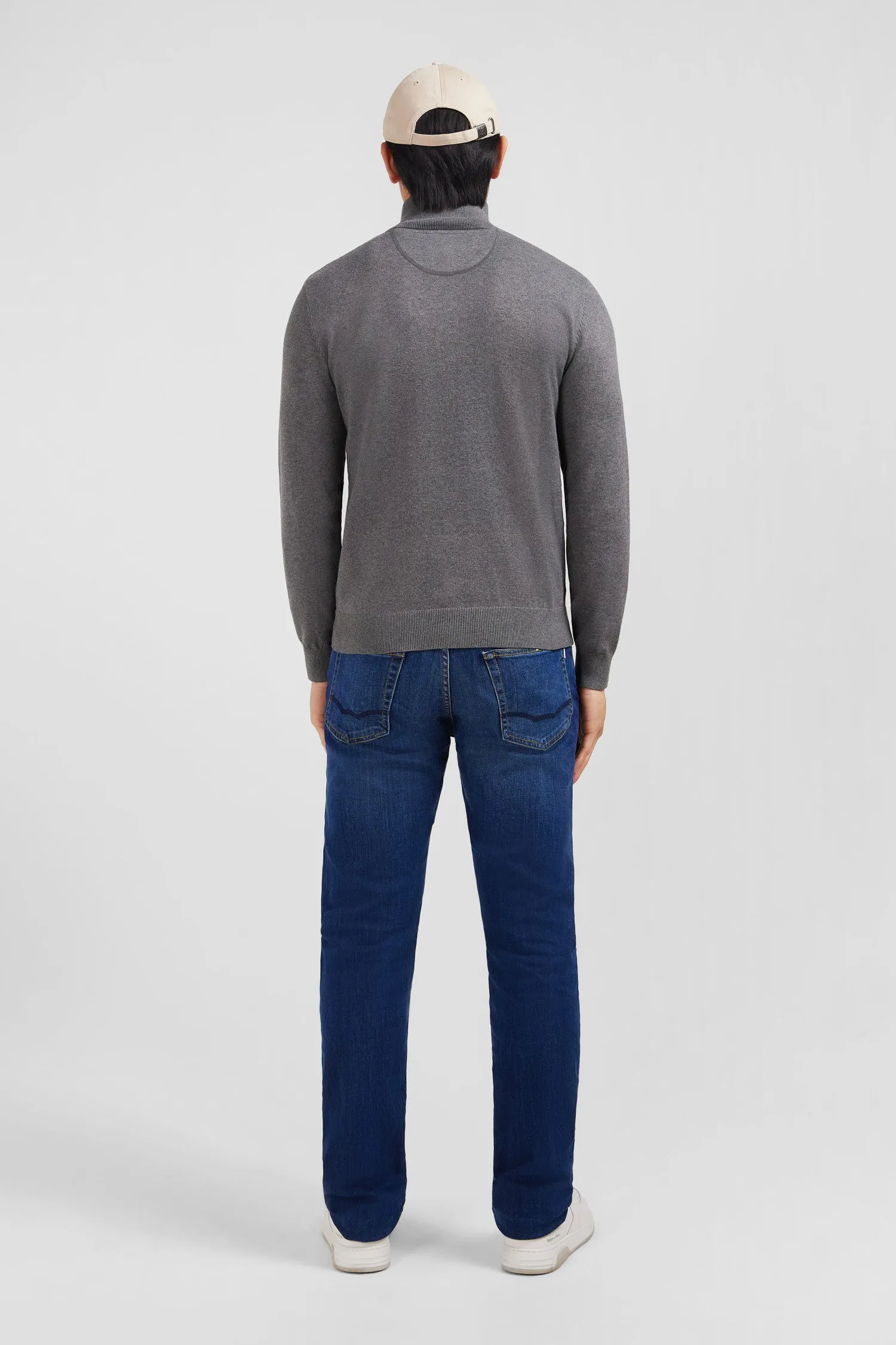 Navy blue cotton jersey jumper with trucker neck