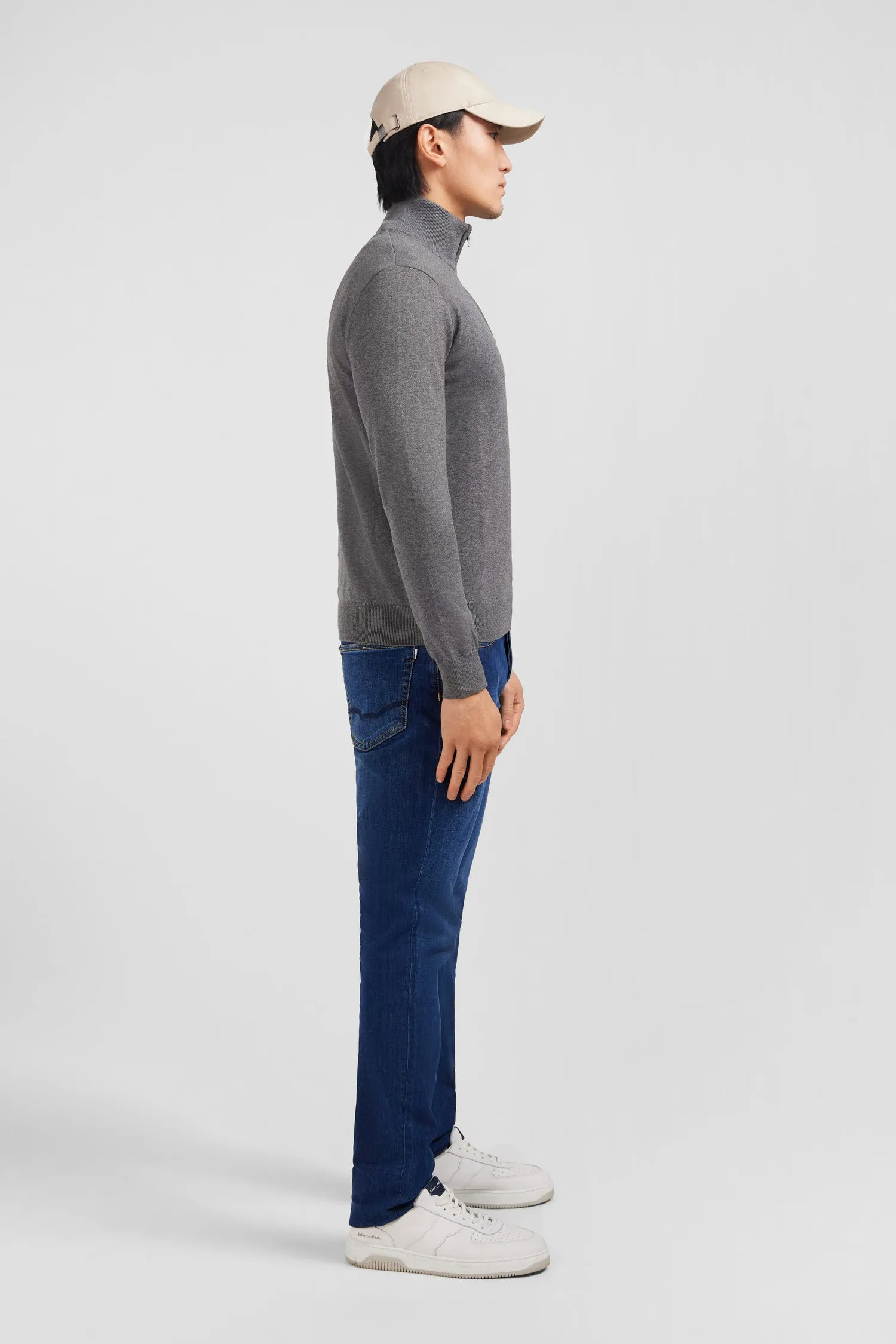 Navy blue cotton jersey jumper with trucker neck
