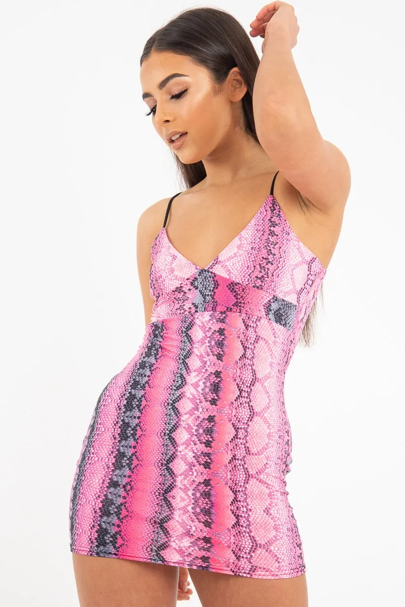 Neon Pink Snake Print Strappy Plunge Bodycon Dress - Gilia