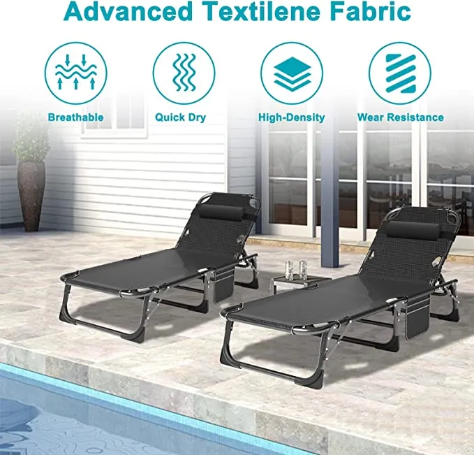 New Adjustable 4-Position Adults Reclining Folding Chaise Lounge Chair with Pillow Portable Folding Camping Cot by BOZTIY, Black! Retails $229 