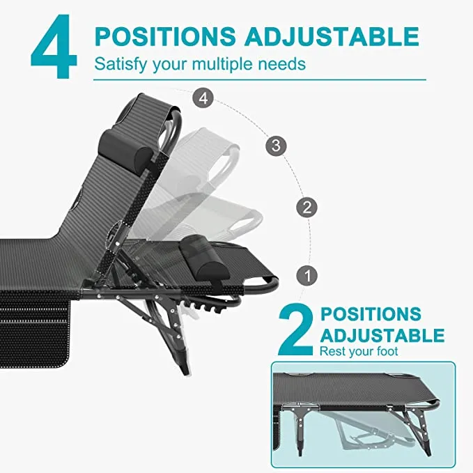 New Adjustable 4-Position Adults Reclining Folding Chaise Lounge Chair with Pillow Portable Folding Camping Cot by BOZTIY, Black! Retails $229 