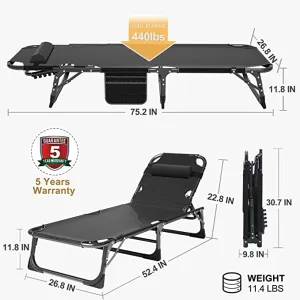 New Adjustable 4-Position Adults Reclining Folding Chaise Lounge Chair with Pillow Portable Folding Camping Cot by BOZTIY, Black! Retails $229 