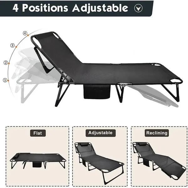 New Adjustable 4-Position Adults Reclining Folding Chaise Lounge Chair with Pillow Portable Folding Camping Cot by BOZTIY, Black! Retails $229 