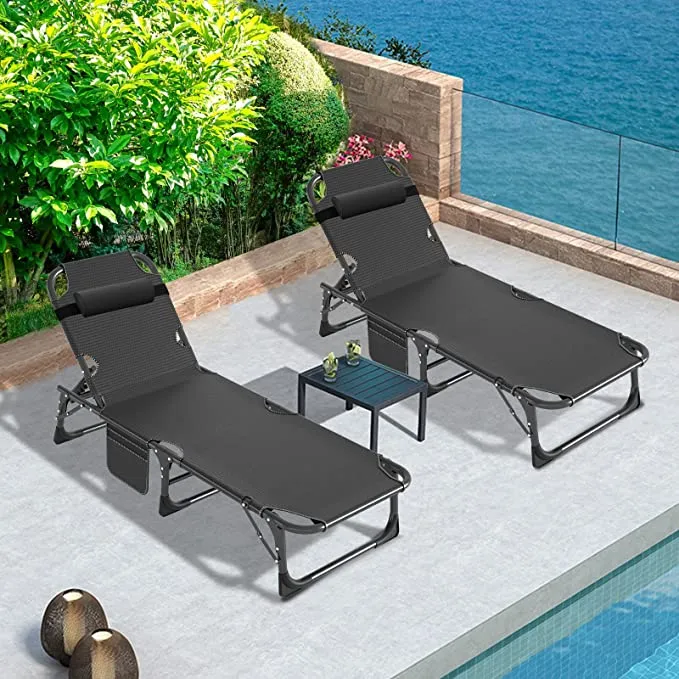 New Adjustable 4-Position Adults Reclining Folding Chaise Lounge Chair with Pillow Portable Folding Camping Cot by BOZTIY, Black! Retails $229 