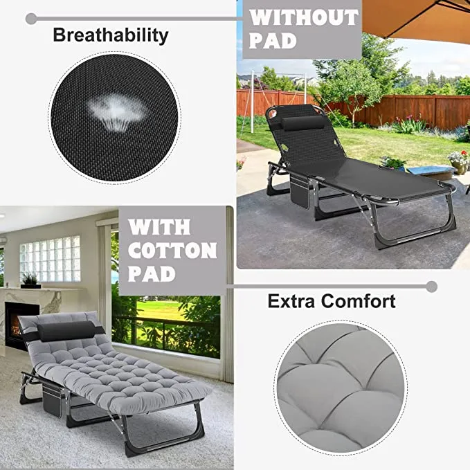 New Adjustable 4-Position Adults Reclining Folding Chaise Lounge Chair with Pillow Portable Folding Camping Cot by BOZTIY, Black! Retails $229 