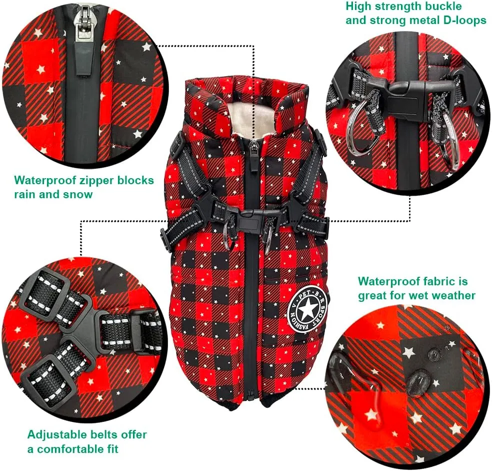 NEW Dog Coat with Harness. Waterproof. Winter Jacket for Medium Dogs. Padded Coat. Reflective Vest. Puppy Coat Harness (Checkered, Medium)