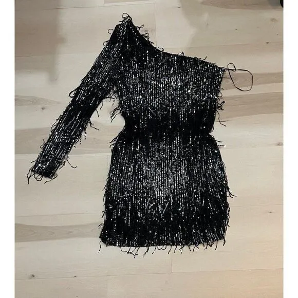 NEW Women Plus Size Black One Sleeve Glam Sequin Fringe Night Out Party Dress