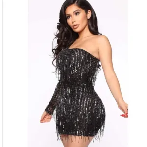 NEW Women Plus Size Black One Sleeve Glam Sequin Fringe Night Out Party Dress