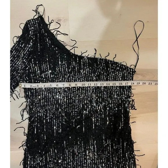 NEW Women Plus Size Black One Sleeve Glam Sequin Fringe Night Out Party Dress