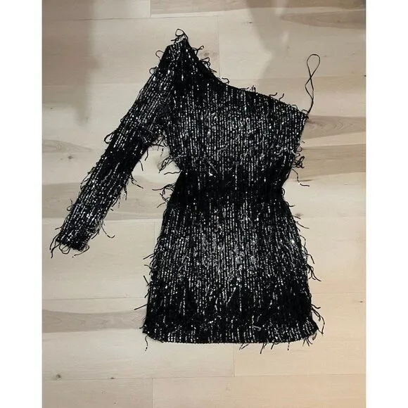 NEW Women Plus Size Black One Sleeve Glam Sequin Fringe Night Out Party Dress