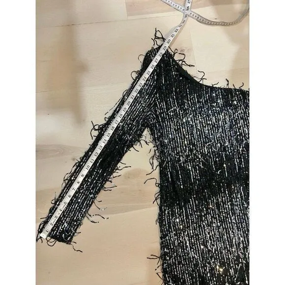 NEW Women Plus Size Black One Sleeve Glam Sequin Fringe Night Out Party Dress