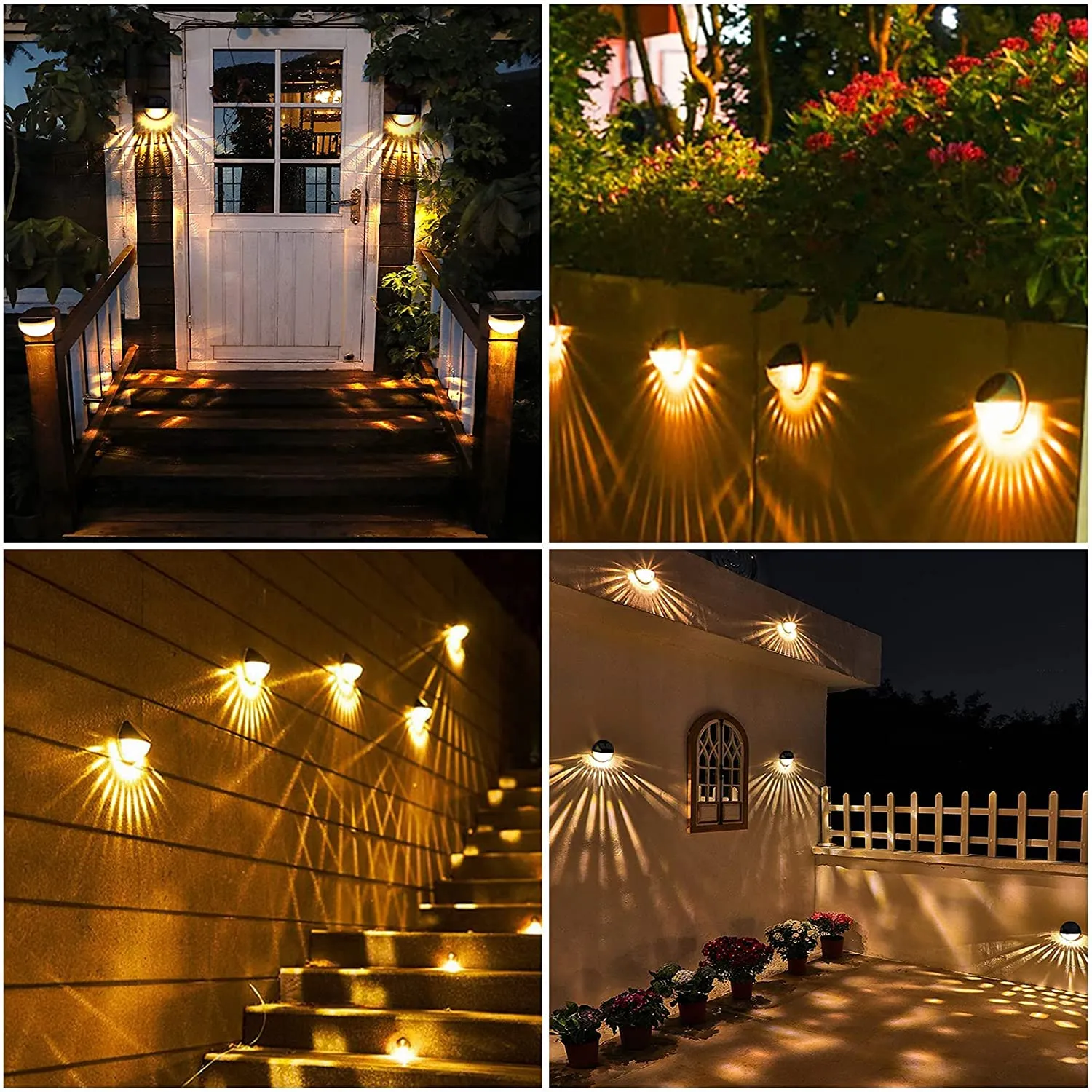 New Wrought Studio Solar Outdoor LED Wall Lights (Set of 4) Great for all seasons, waterproof! No wiring, easy install! Beautiful Ambient light!