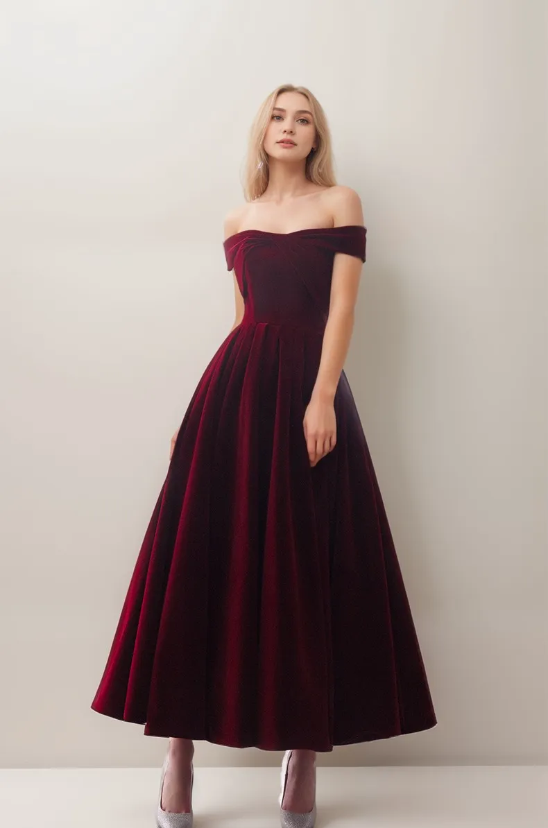 Off-the-Shoulder Ankle-Length Ball Gown Velvet Dress