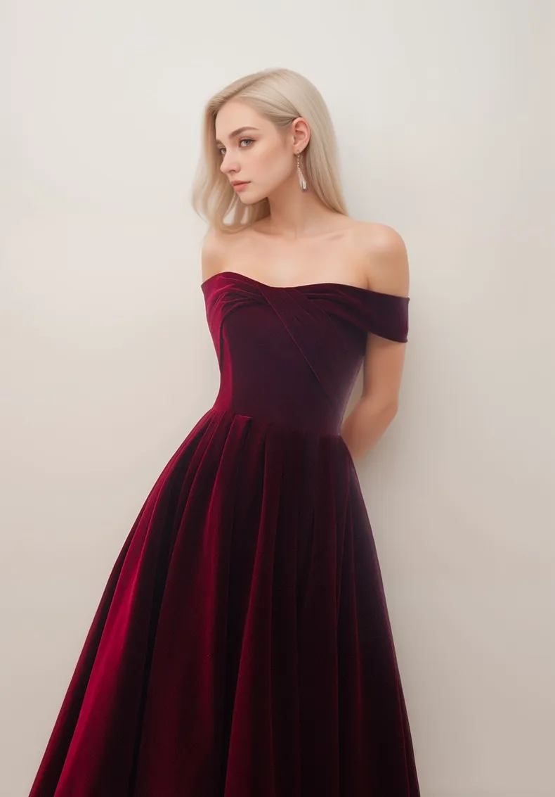 Off-the-Shoulder Ankle-Length Ball Gown Velvet Dress