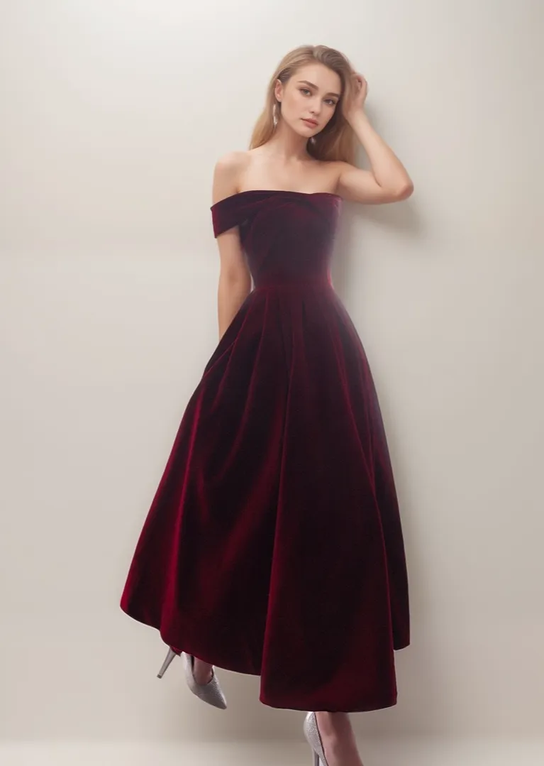 Off-the-Shoulder Ankle-Length Ball Gown Velvet Dress