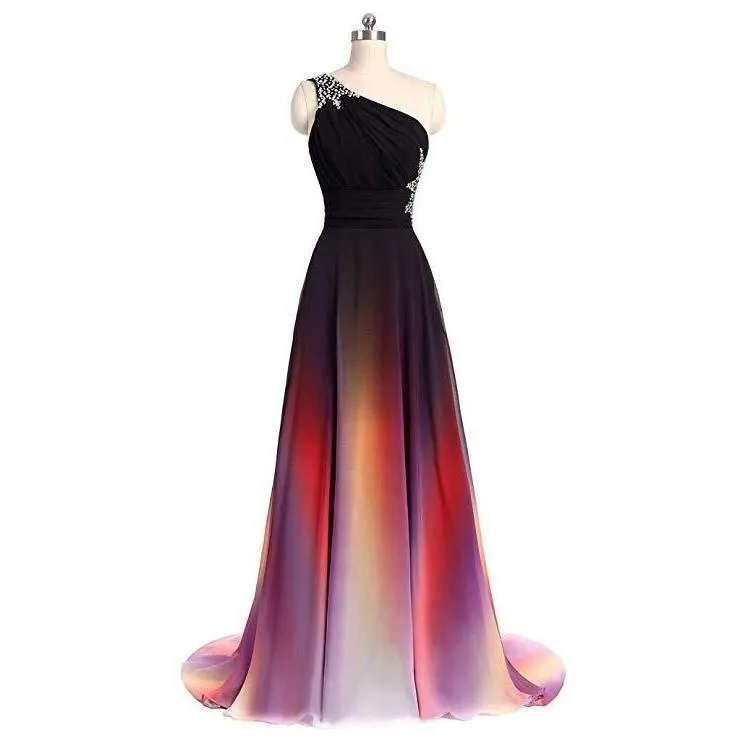 One Shoulder Ombre Long Evening Prom Dresses Wedding Party Gowns