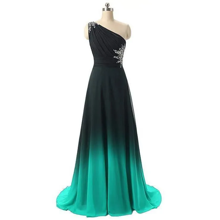 One Shoulder Ombre Long Evening Prom Dresses Wedding Party Gowns