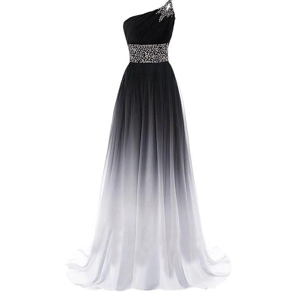 One Shoulder Ombre Long Evening Prom Dresses Wedding Party Gowns