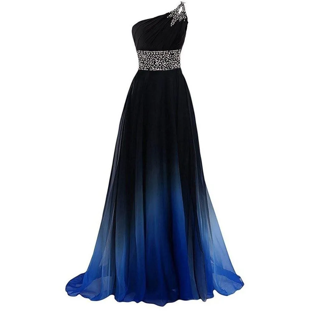 One Shoulder Ombre Long Evening Prom Dresses Wedding Party Gowns