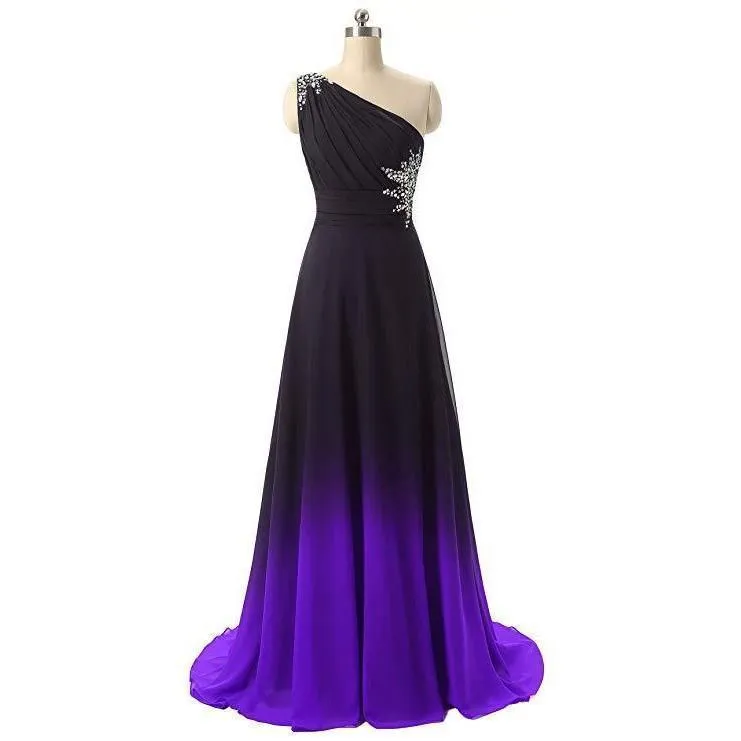 One Shoulder Ombre Long Evening Prom Dresses Wedding Party Gowns