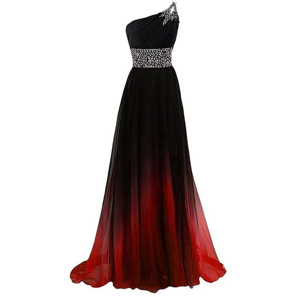 One Shoulder Ombre Long Evening Prom Dresses Wedding Party Gowns