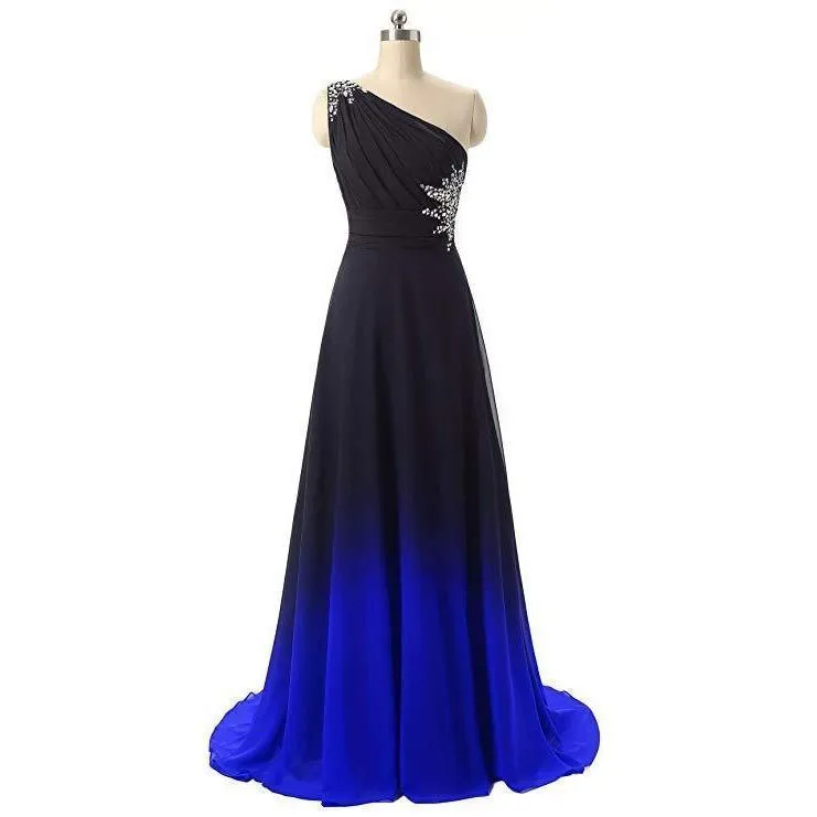 One Shoulder Ombre Long Evening Prom Dresses Wedding Party Gowns