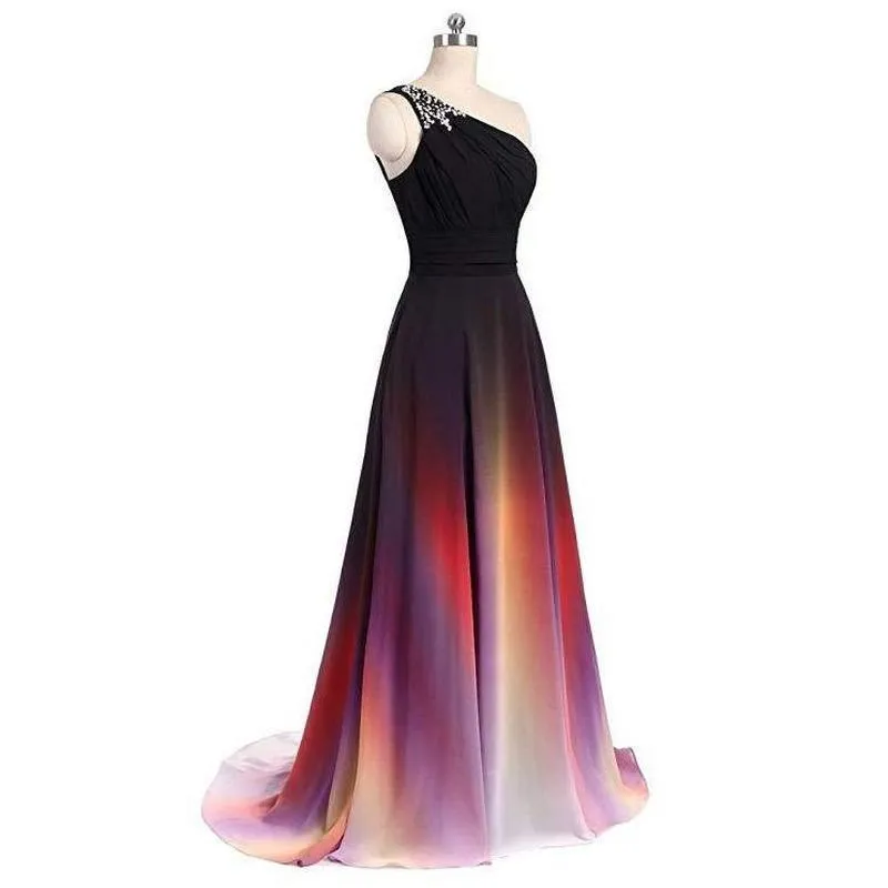 One Shoulder Ombre Long Evening Prom Dresses Wedding Party Gowns