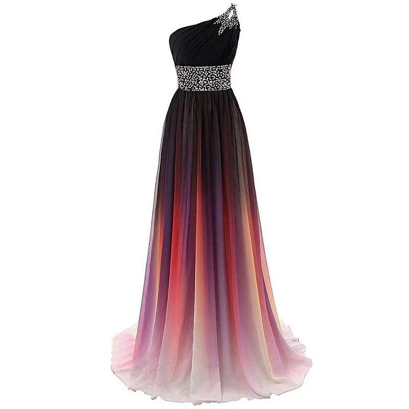 One Shoulder Ombre Long Evening Prom Dresses Wedding Party Gowns