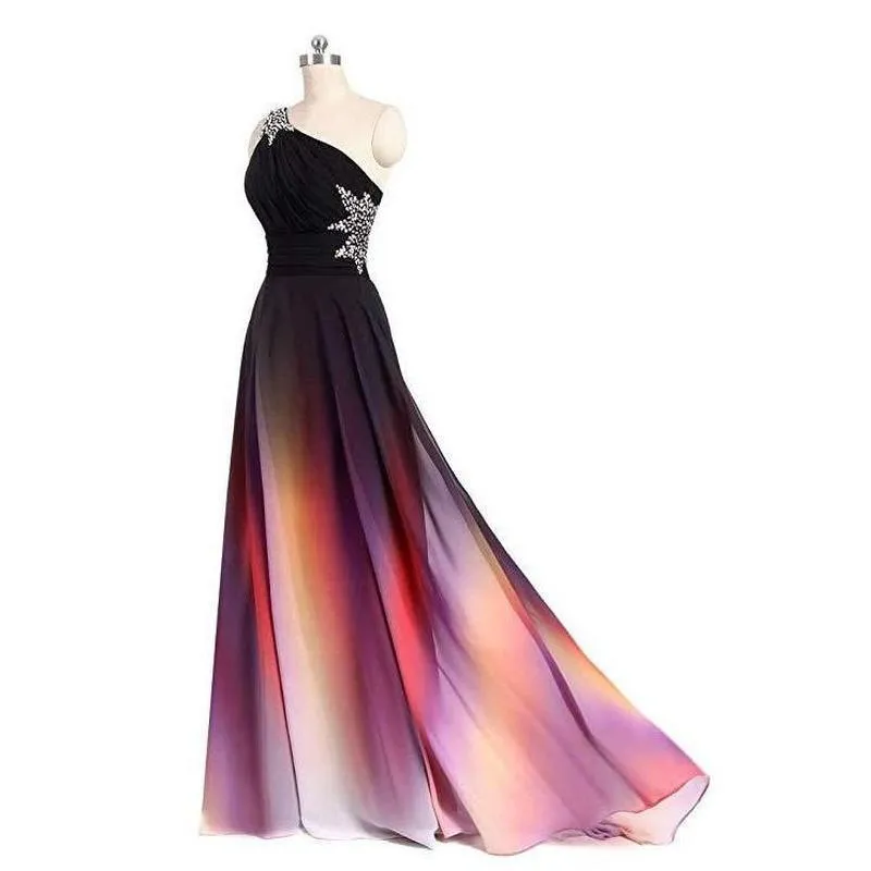 One Shoulder Ombre Long Evening Prom Dresses Wedding Party Gowns