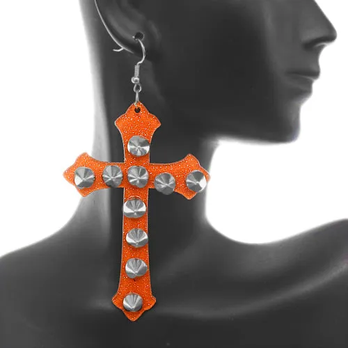 Orange Glitter Studded Cross Earrings
