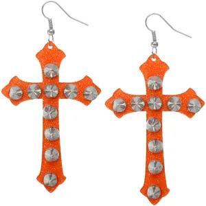 Orange Glitter Studded Cross Earrings