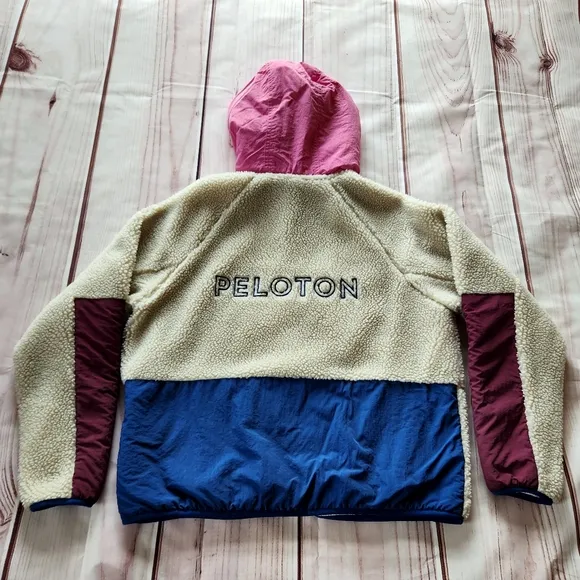 Peloton Colorblock Sherpa Teddy Full Zip Jacket Cream Pink Blue | Women's Size M