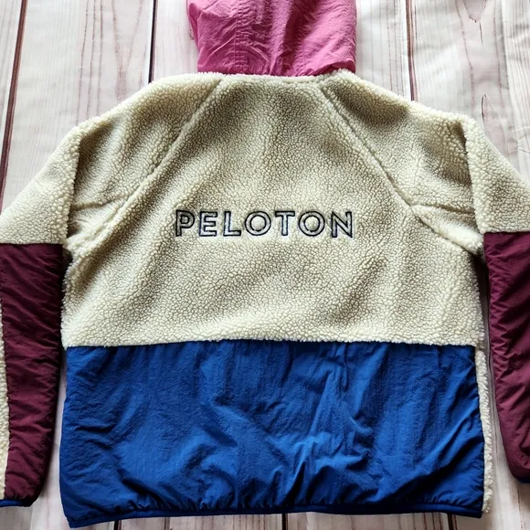 Peloton Colorblock Sherpa Teddy Full Zip Jacket Cream Pink Blue | Women's Size M