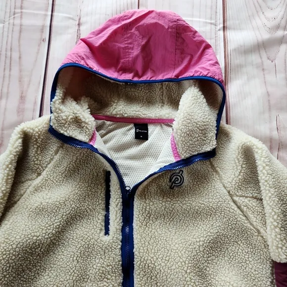 Peloton Colorblock Sherpa Teddy Full Zip Jacket Cream Pink Blue | Women's Size M