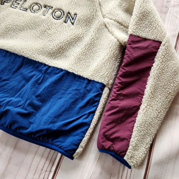 Peloton Colorblock Sherpa Teddy Full Zip Jacket Cream Pink Blue | Women's Size M