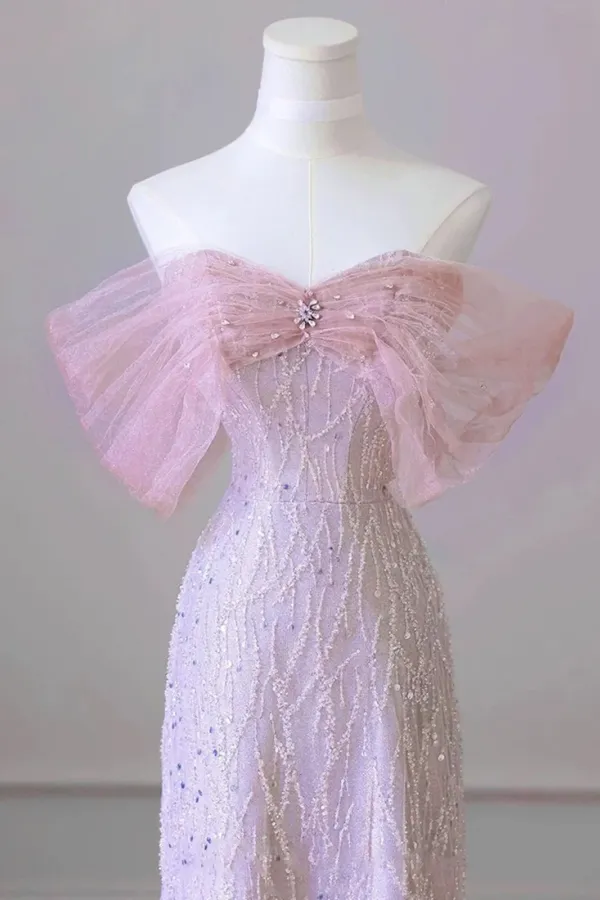 Pink A Line Sequins Tulle Floor Length Party Dress, Beaded Off Shoulder Formal Dress APP1119
