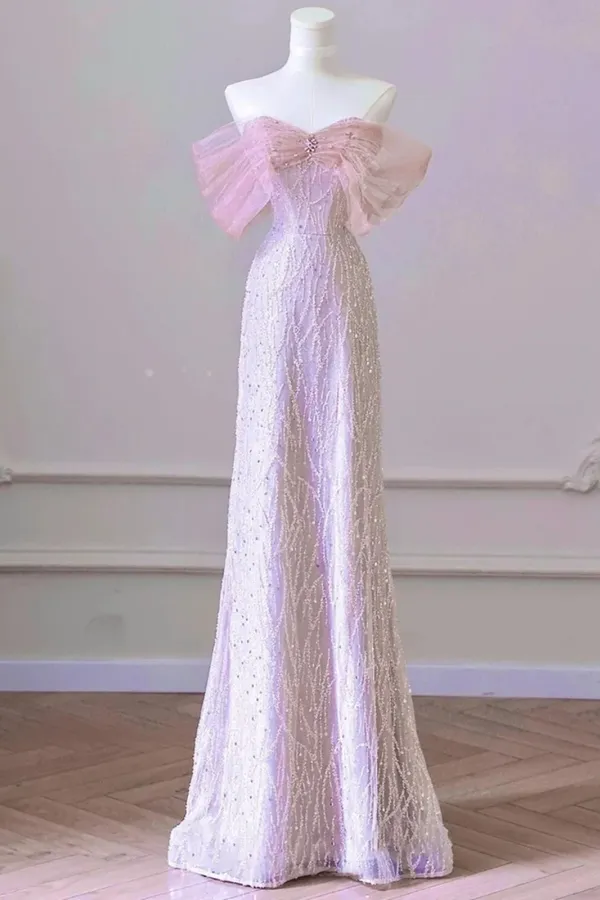 Pink A Line Sequins Tulle Floor Length Party Dress, Beaded Off Shoulder Formal Dress APP1119