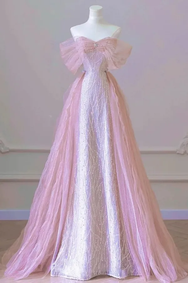Pink A Line Sequins Tulle Floor Length Party Dress, Beaded Off Shoulder Formal Dress APP1119