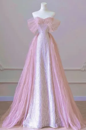 Pink A Line Sequins Tulle Floor Length Party Dress, Beaded Off Shoulder Formal Dress APP1119